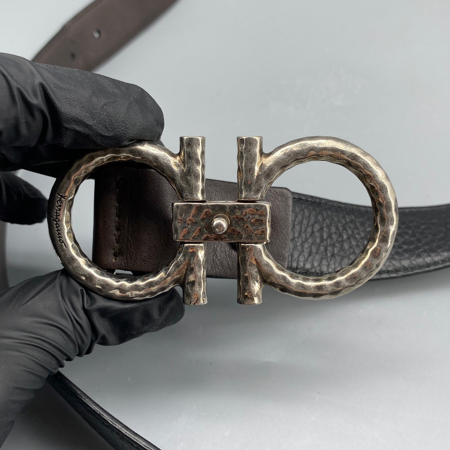 Ferragamo Black Leather Double Gancini Buckle Belt 95cm