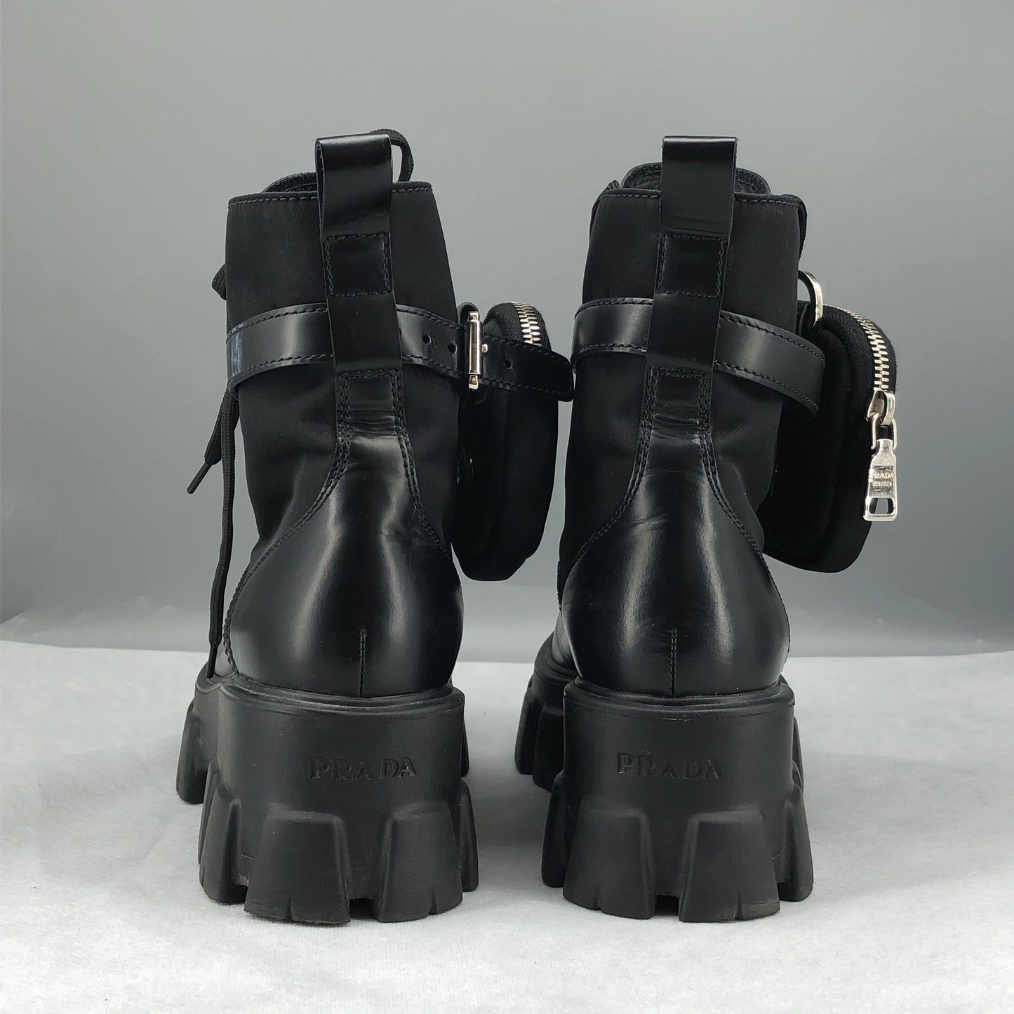 Prada Women's Re-Nylon Leather Combat Ankle Boots Size 36.5 Black