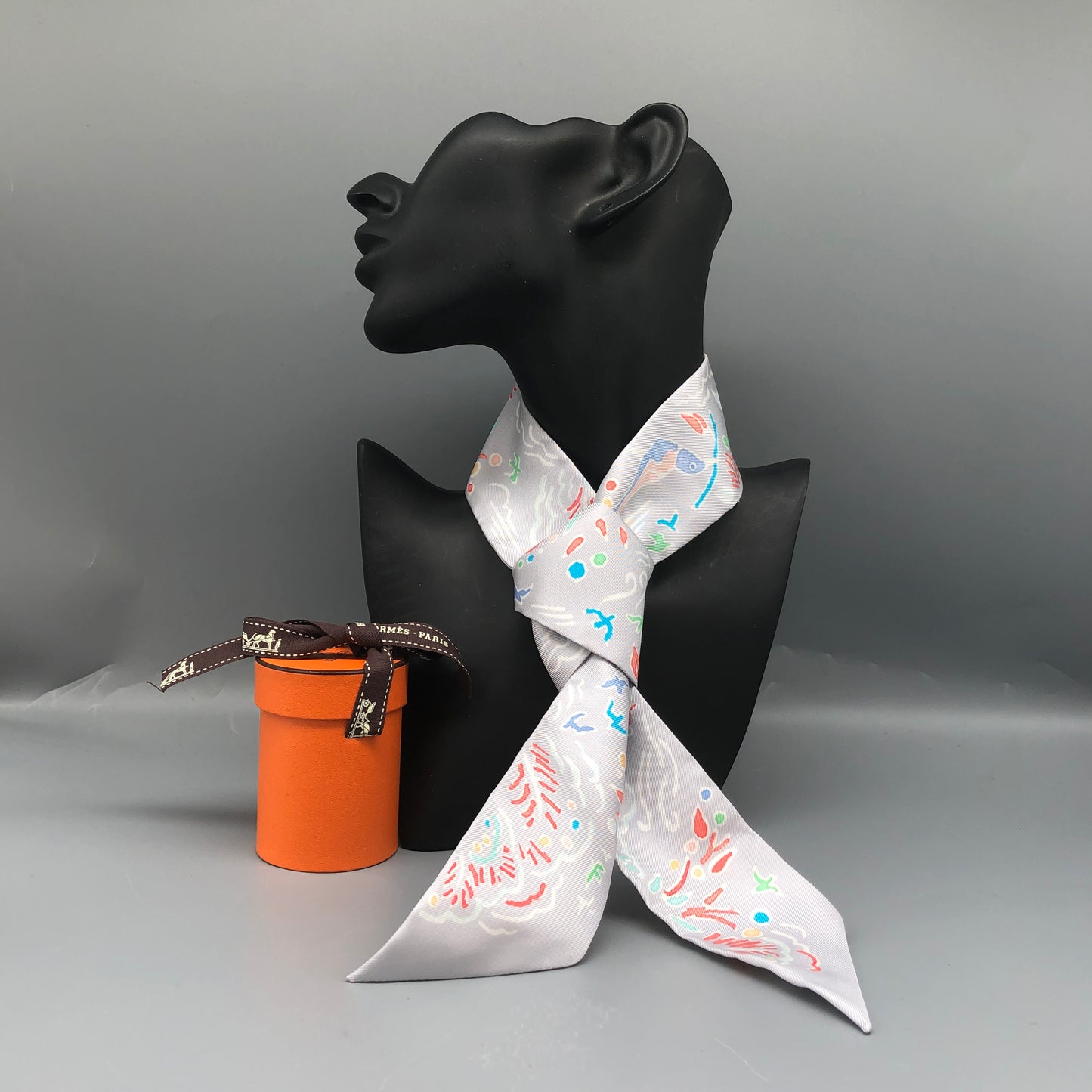 Hermes Set of 2 Twilly Scarves Grey Multi-Color Print