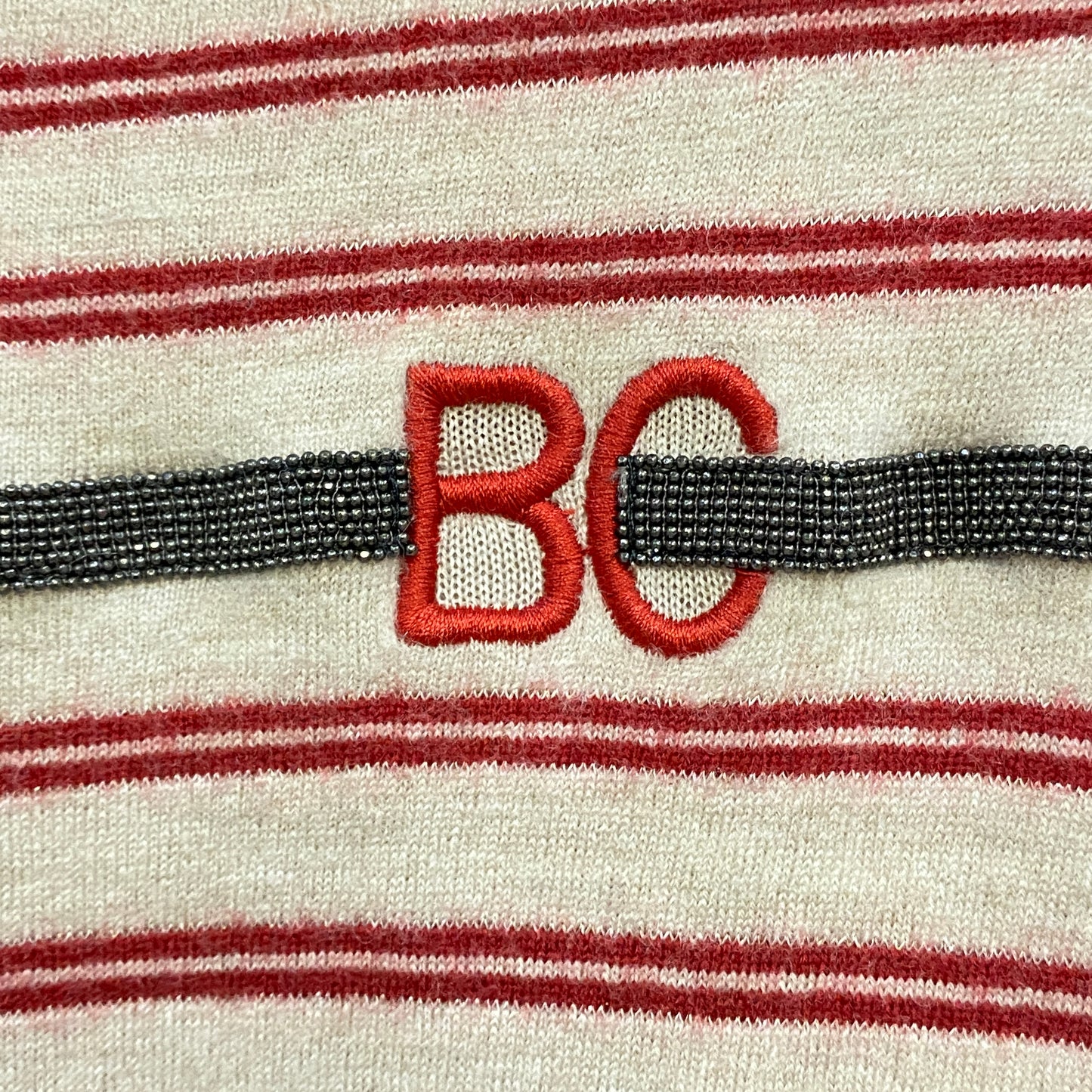 Brunello Cucinelli Grey Red Striped Short Sleeve Knit Top Size S