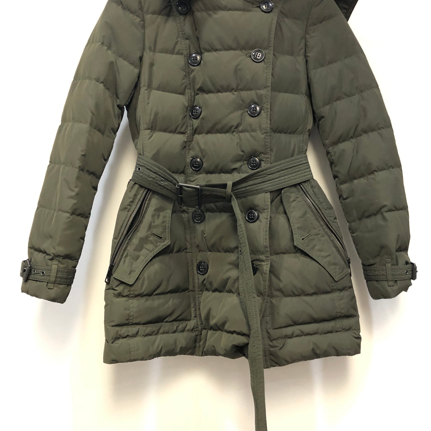 Burberry Olive Green Fur Trim Hooded Puffer Coat Size XS