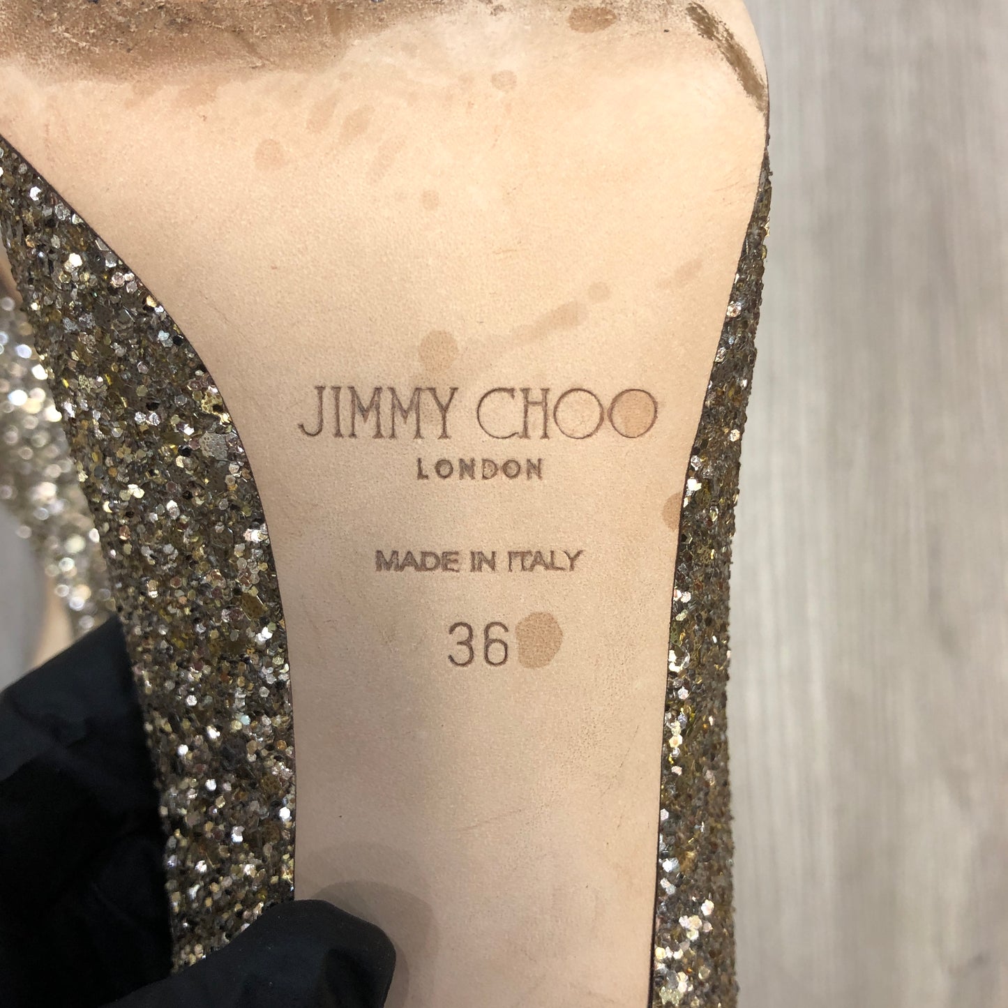Jimmy Choo Gold Glitter Pointed Toe Pumps 36