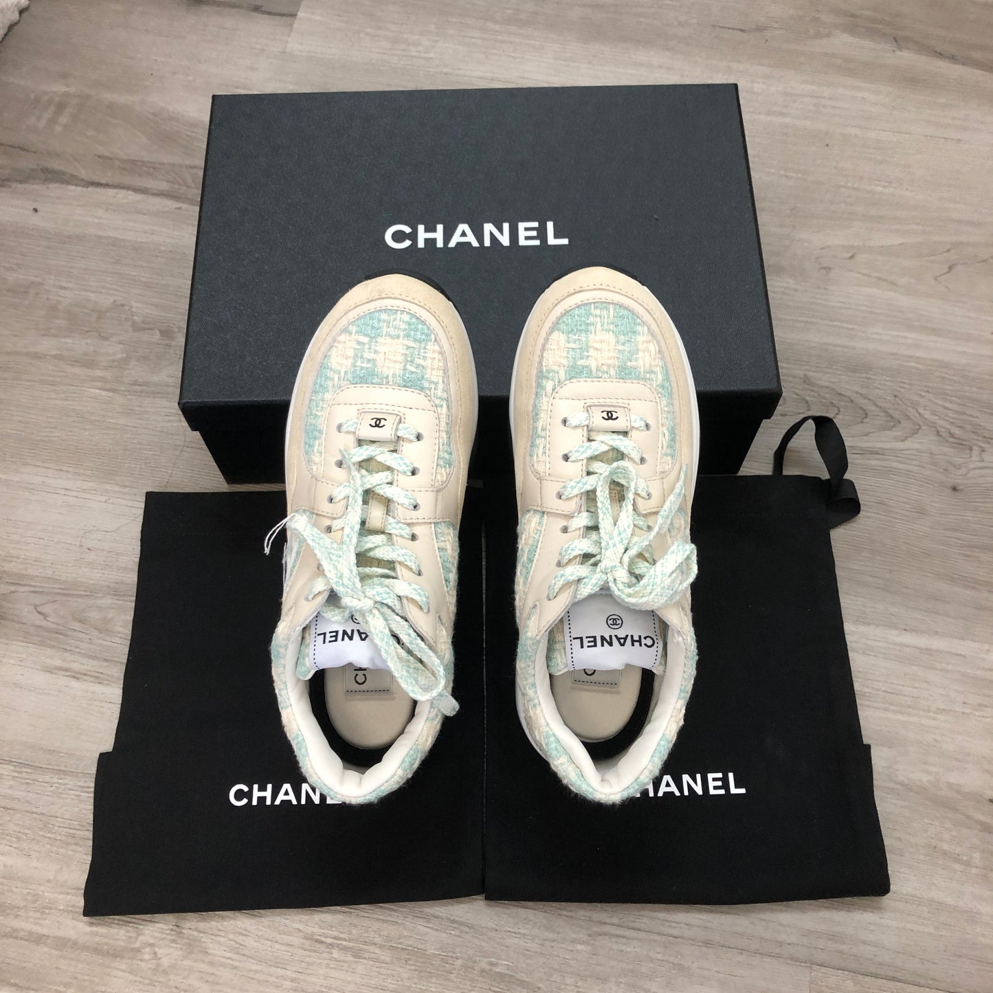 Chanel Women's Quilted Tweed CC Logo Low Top Sneakers 36.5 White Light Blue Two-Tone