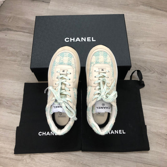 Chanel Women's Quilted Tweed CC Logo Low Top Sneakers 36.5 White Light Blue Two-Tone