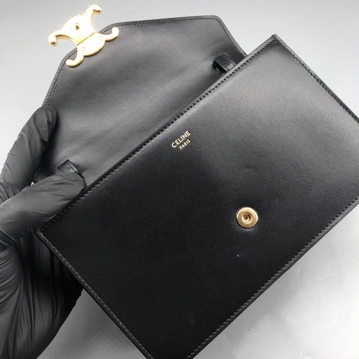 Celine Triomphe Leather WOC Wallet On Chain Crossbody Bag  Black