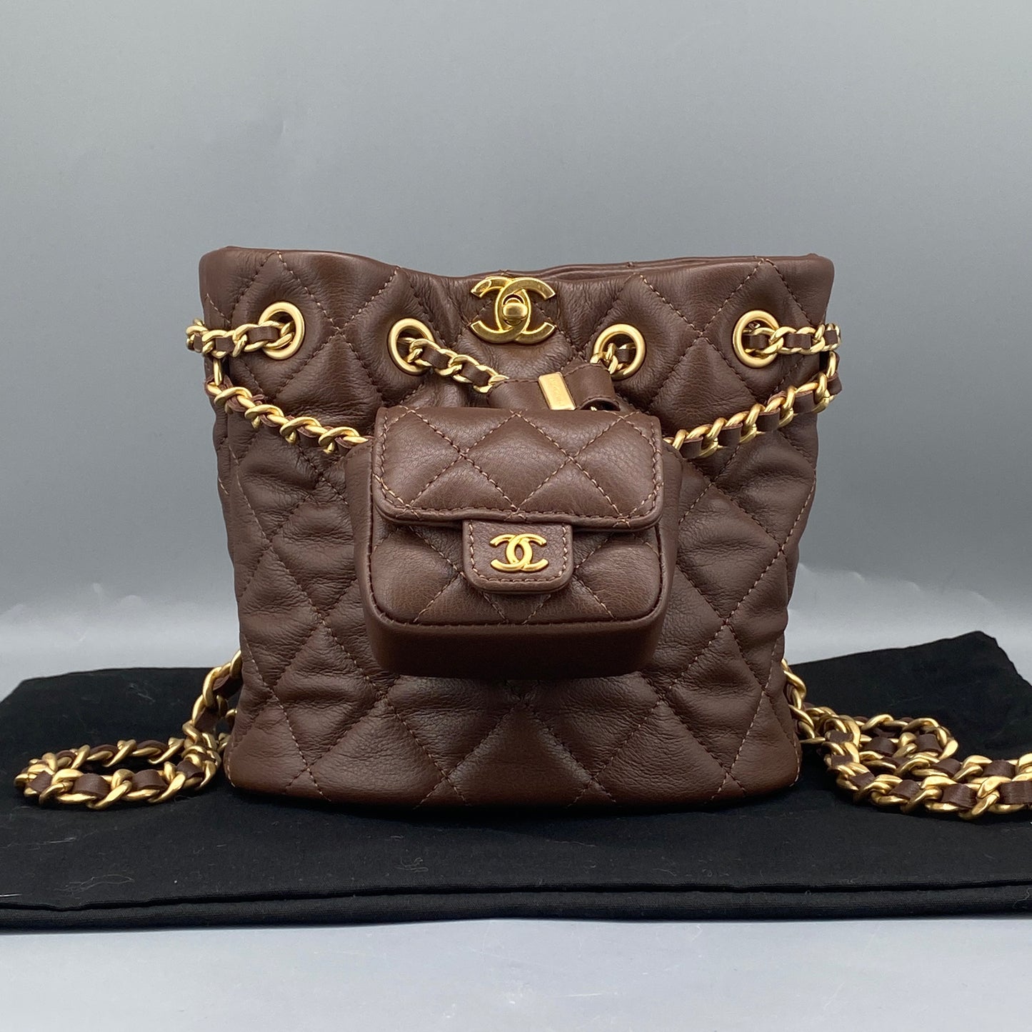 Chanel 23A Deep Brown Quilted Leather Mini Bucket Bag