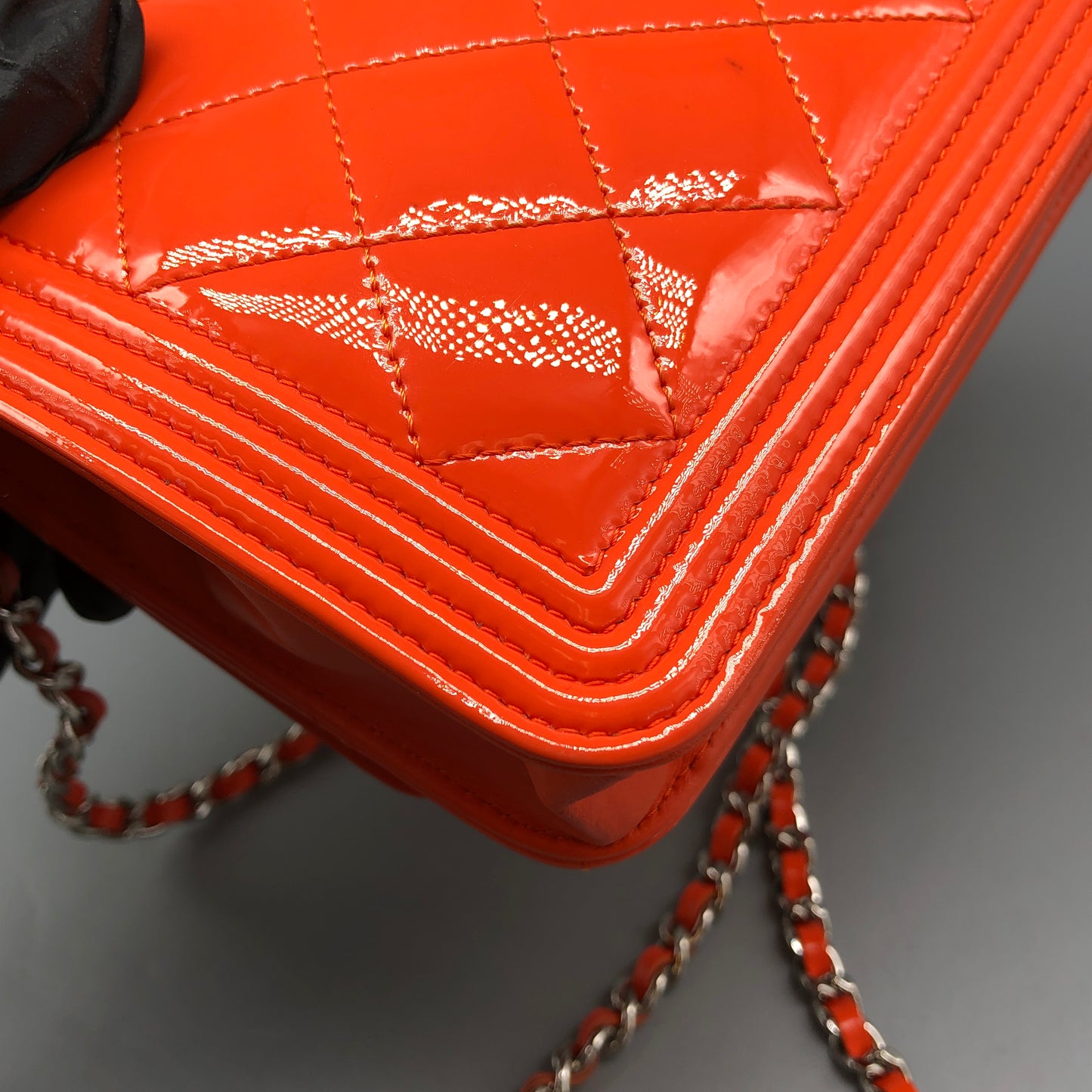 Chanel Boy Neon Orange Patent Leather Wallet on Chain Bag