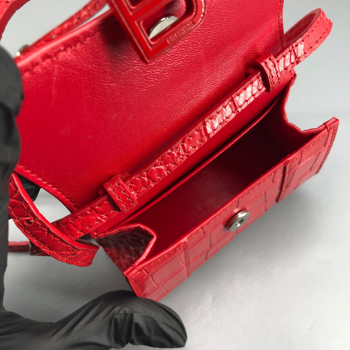 Balenciaga Red Croc Embossed Nano Hourglass Top Handle Bag