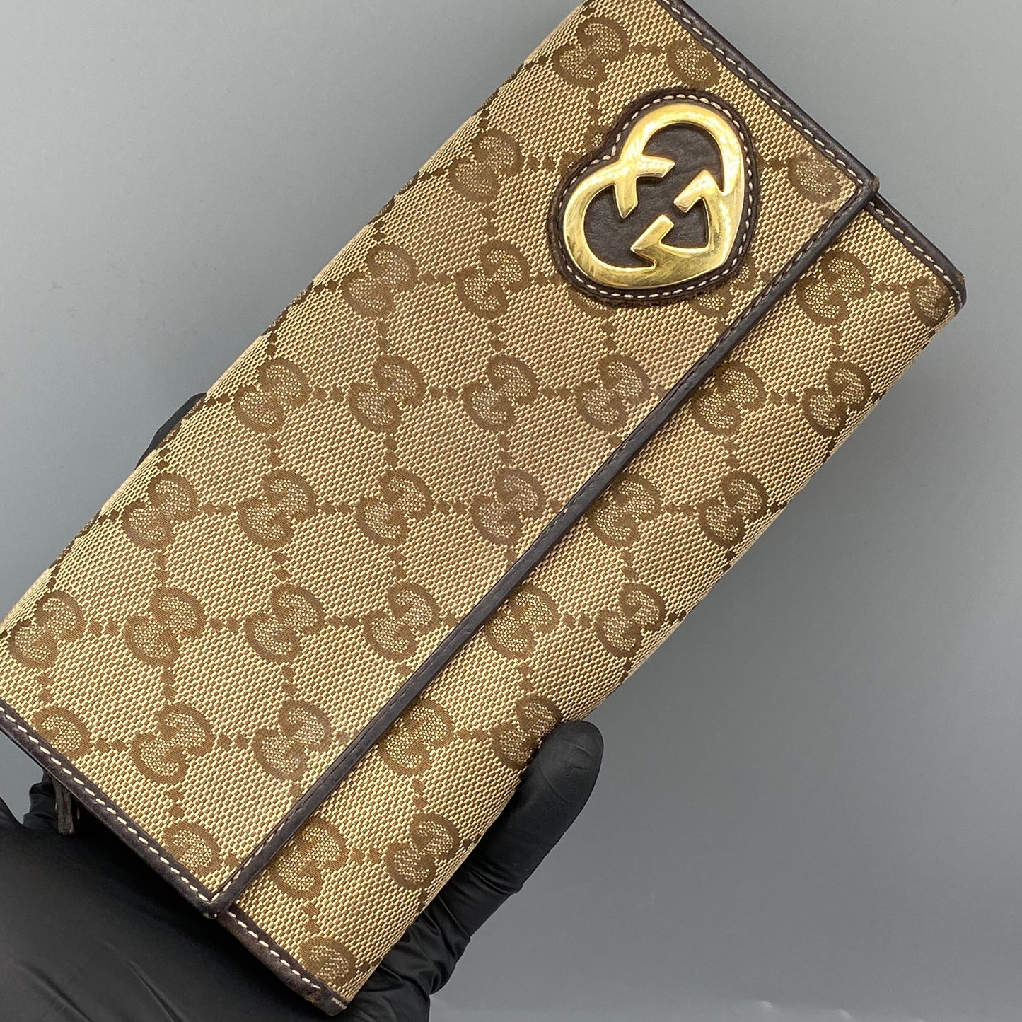Gucci Beige GG Canvas Heart Double G Snap Long Wallet