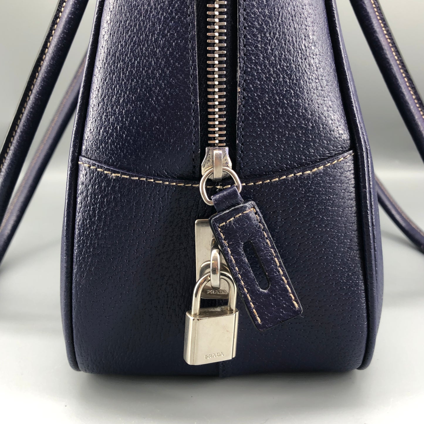 Prada Bauletto Medium Pebbled Leather Handbag  Ink Blue
