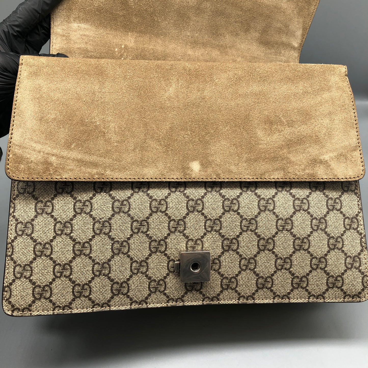 Gucci Dionysus GG Supreme Beige Suede Shoulder Bag