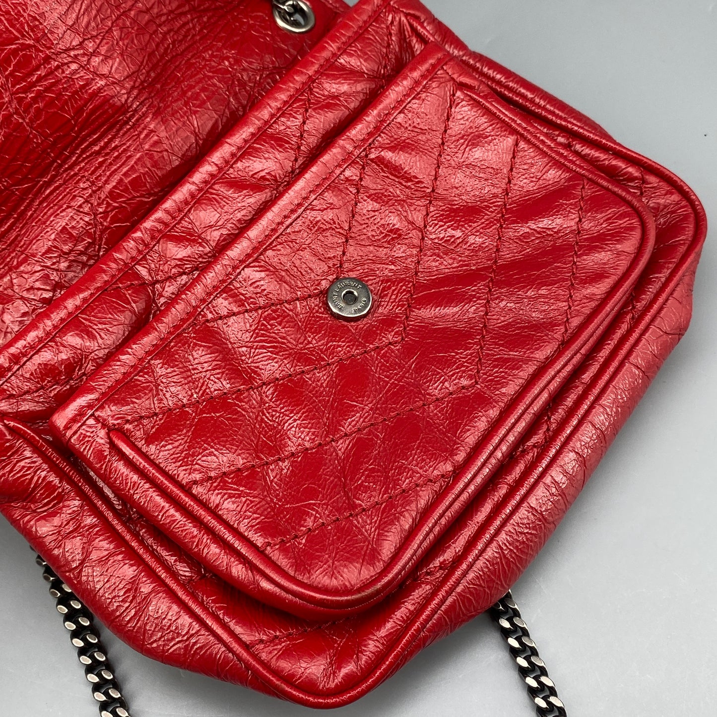 Saint Laurent Small Red Crinkled Leather Niki Chain Shoulder Bag