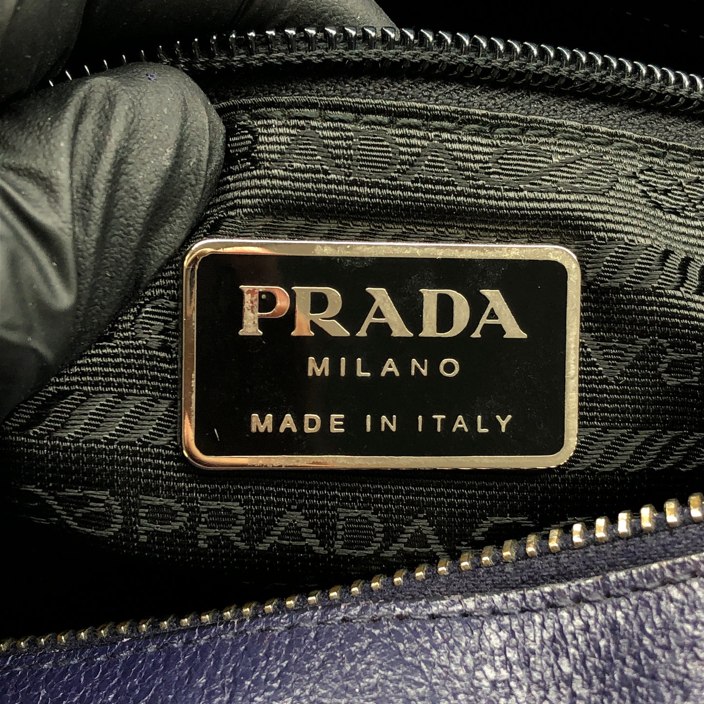 Prada Bauletto Medium Pebbled Leather Handbag  Ink Blue