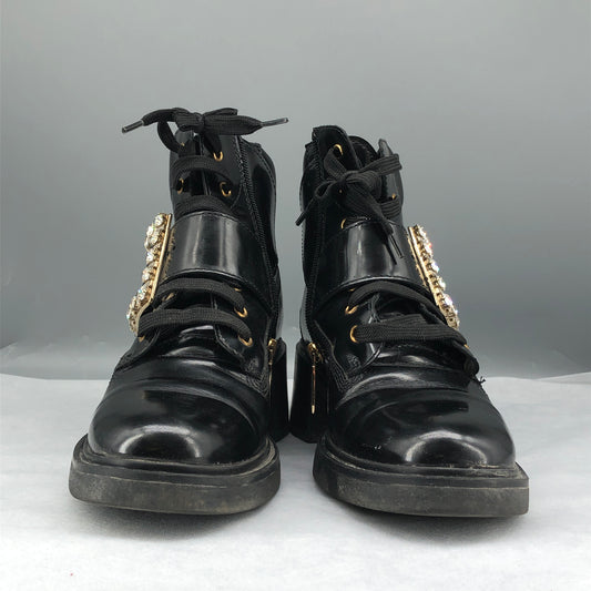 Roger Vivier Women's Black Patent Leather Crystal Square Buckle Lace-Up Ankle Boots Size 40