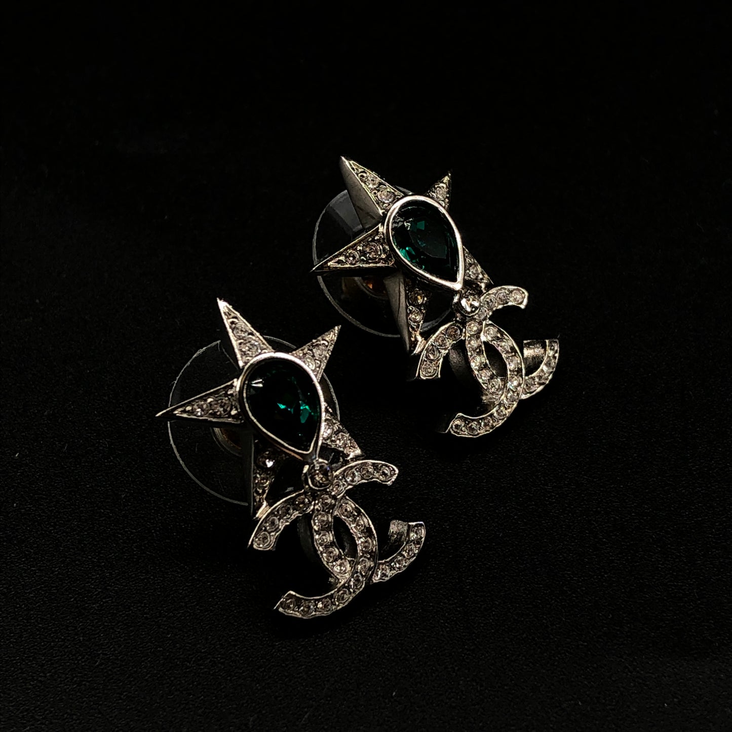 Chanel Crystal CC Logo Star Drop Earrings Silver Color
