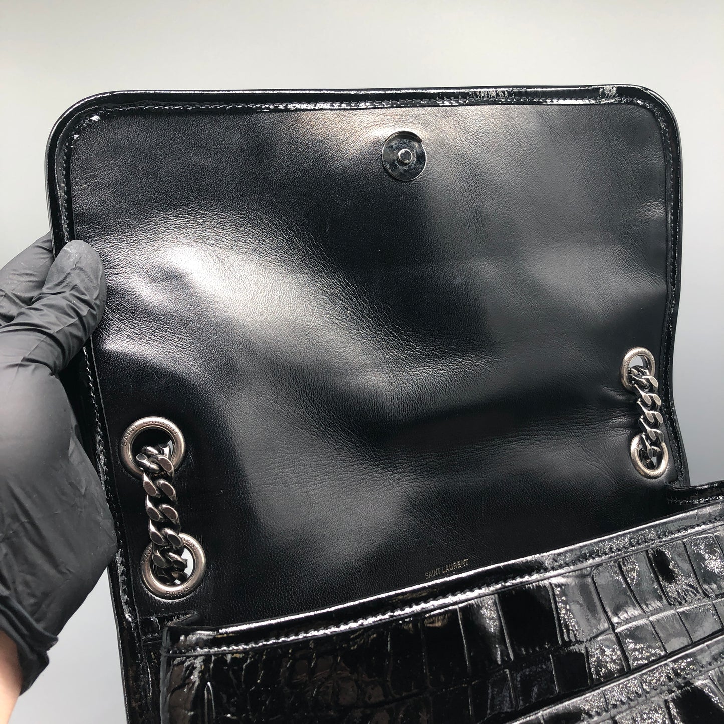 Saint Laurent Patent Crocodile Embossed Medium Niki Chain Satchel Bag