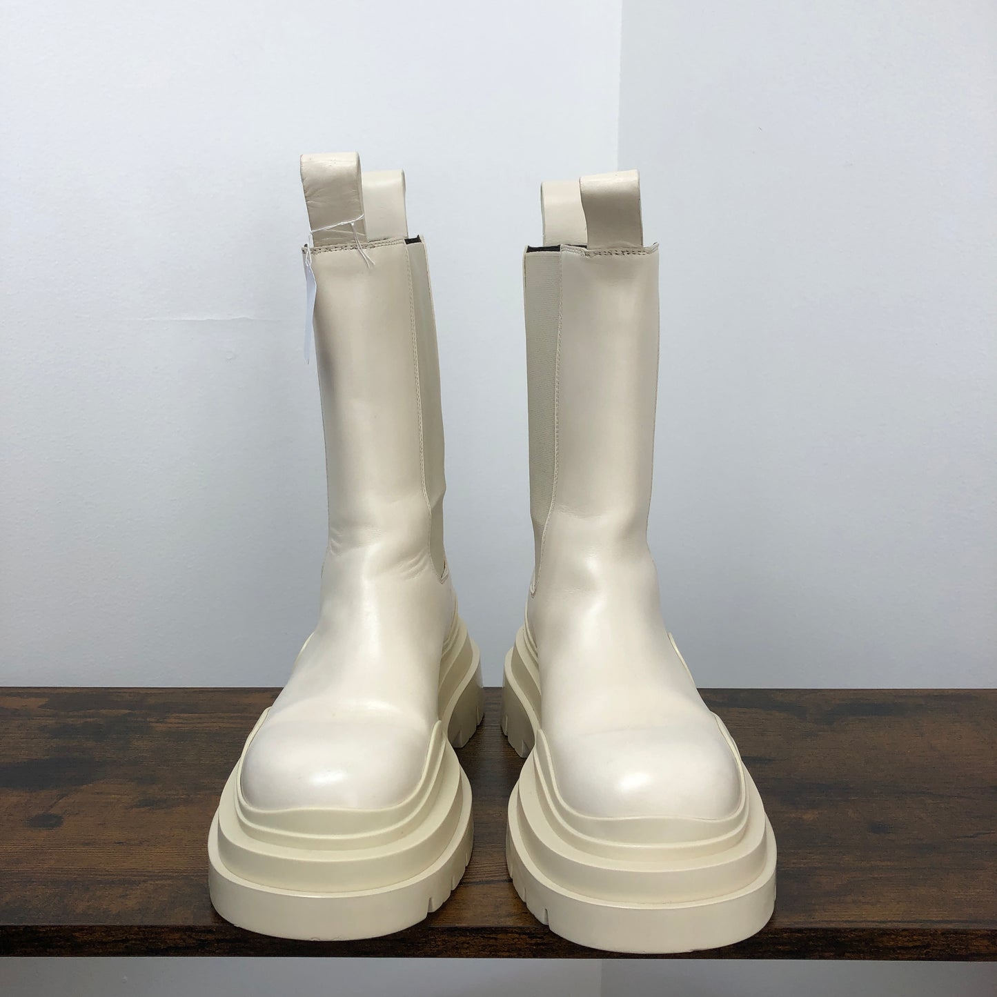 Bottega Veneta Women's Lug Smooth Calfskin Chelsea Mid-Calf Boots 36 White