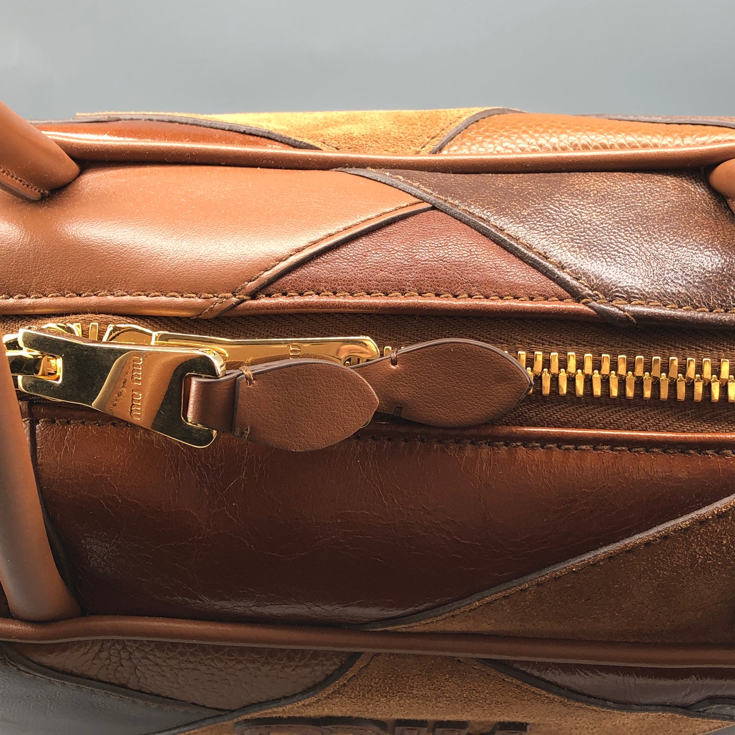 Miu Miu Nappa Patchwork Medium Beau Top Handle Bag Cognac