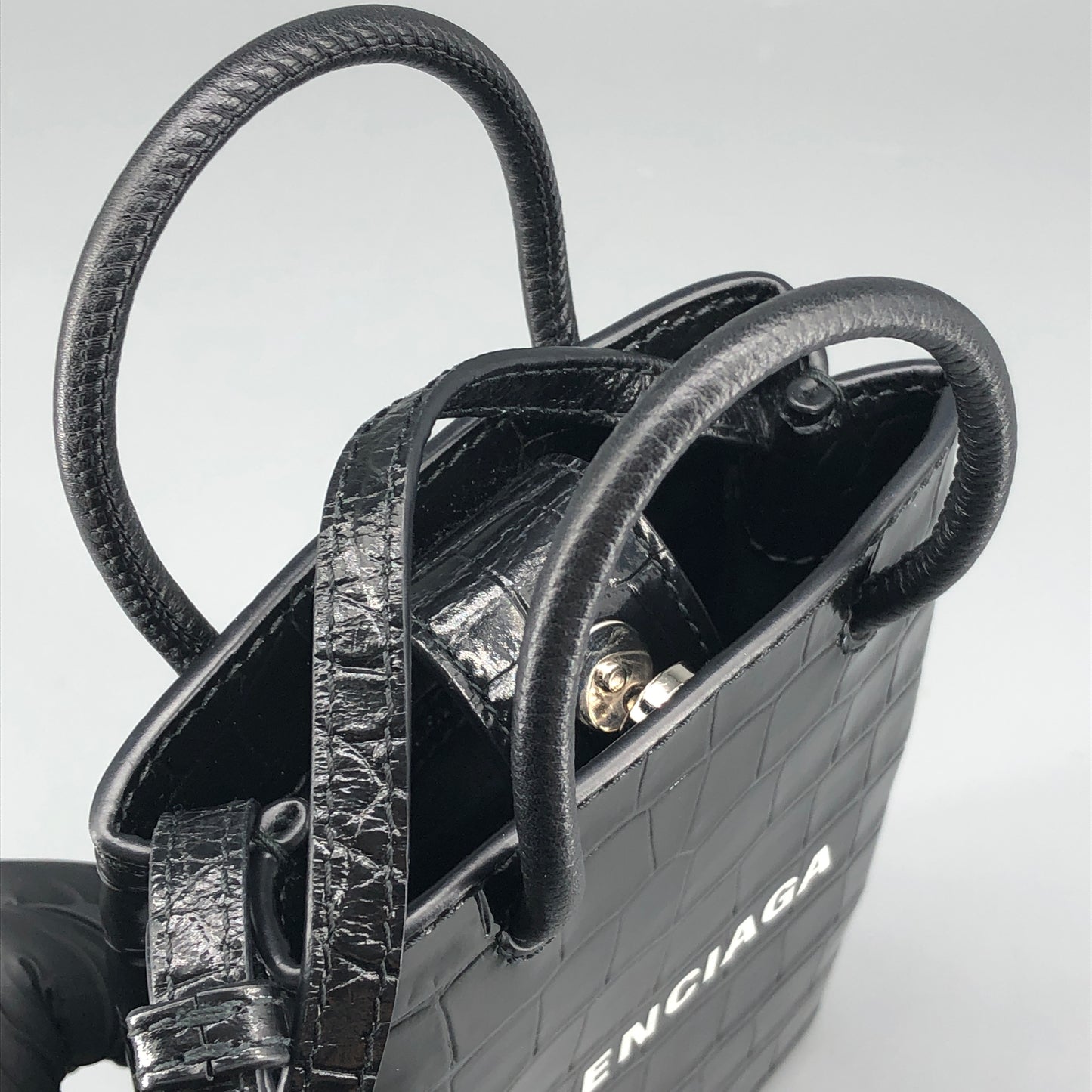 Balenciaga Logo Embossed Crocodile Embossed Leather Mini Vertical Phone Bag Black