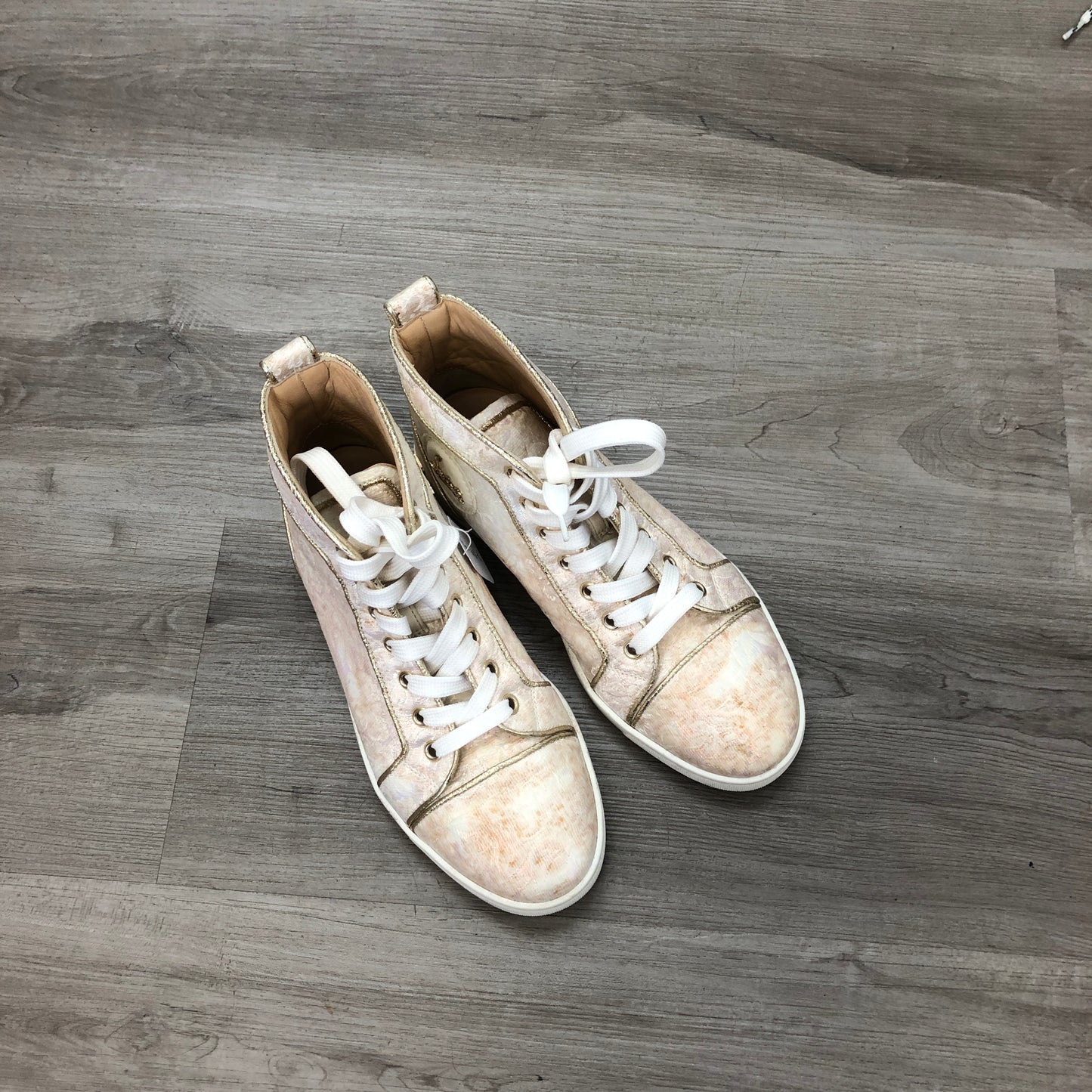 Christian Louboutin Women's Iridescent Champagne Pink High Top Lace-Up Sneakers 36