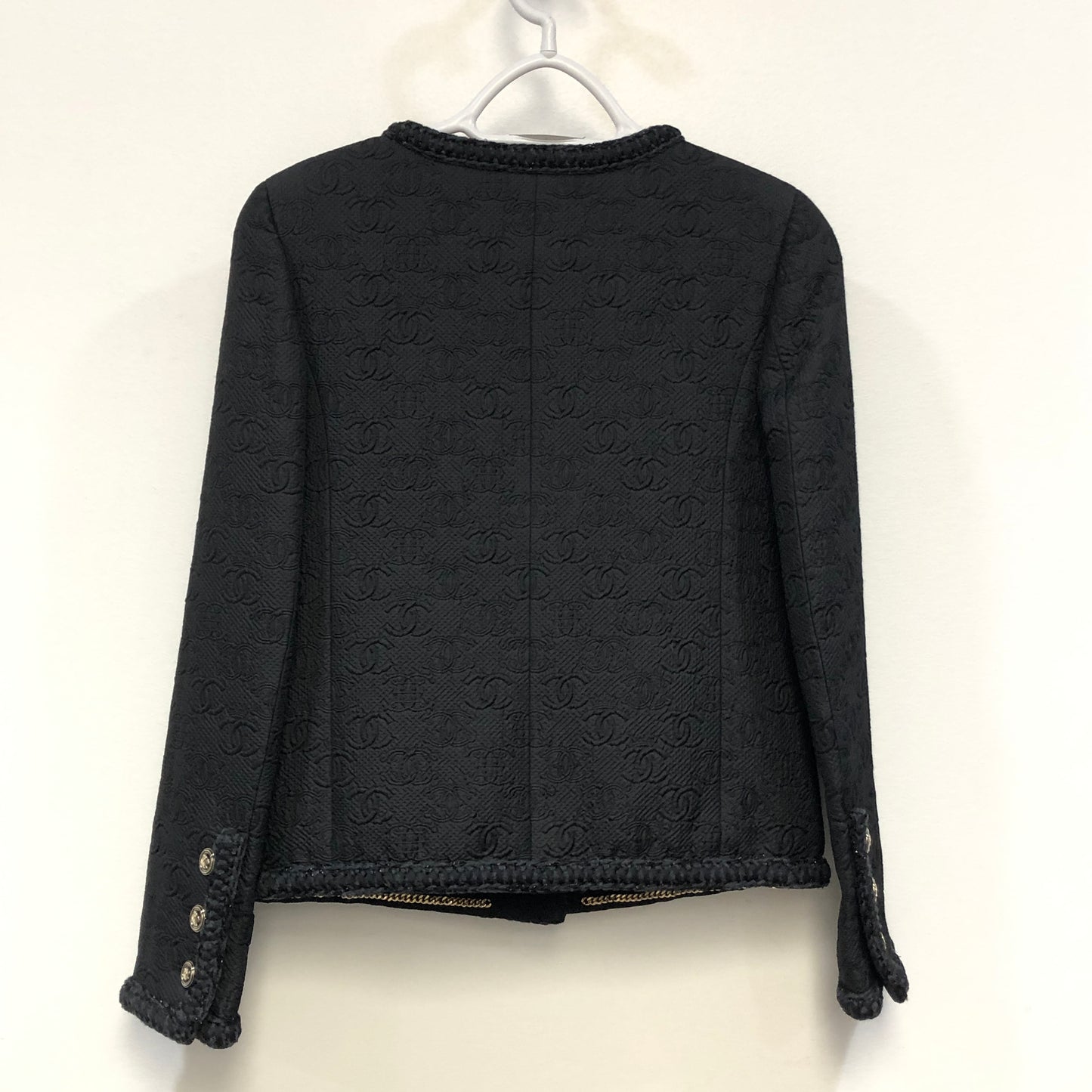 Chanel  CC logo jacquard pattern Black Tweed Round Neck Short Jacket Size 34