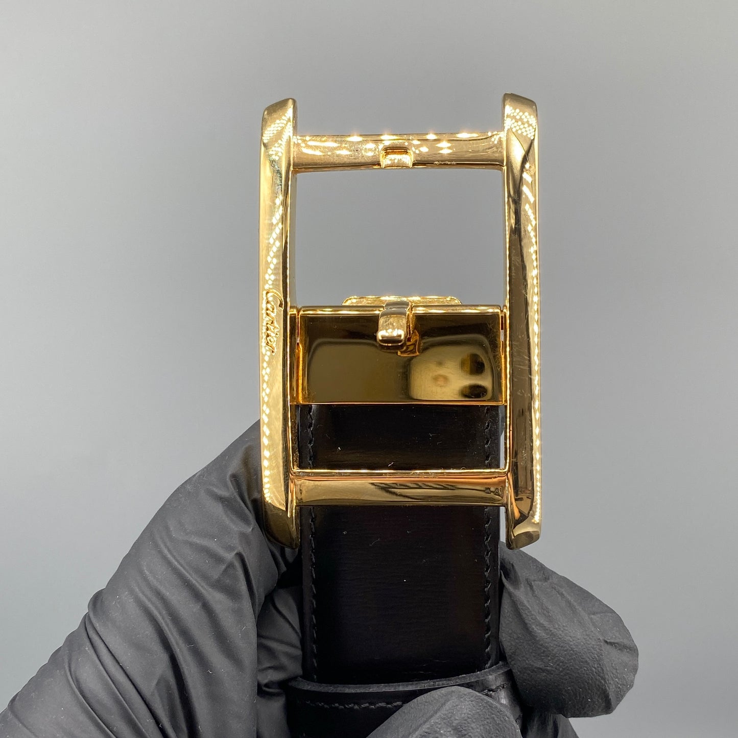 Cartier Black Smooth Leather Gold Square Pin Buckle Belt  105cm