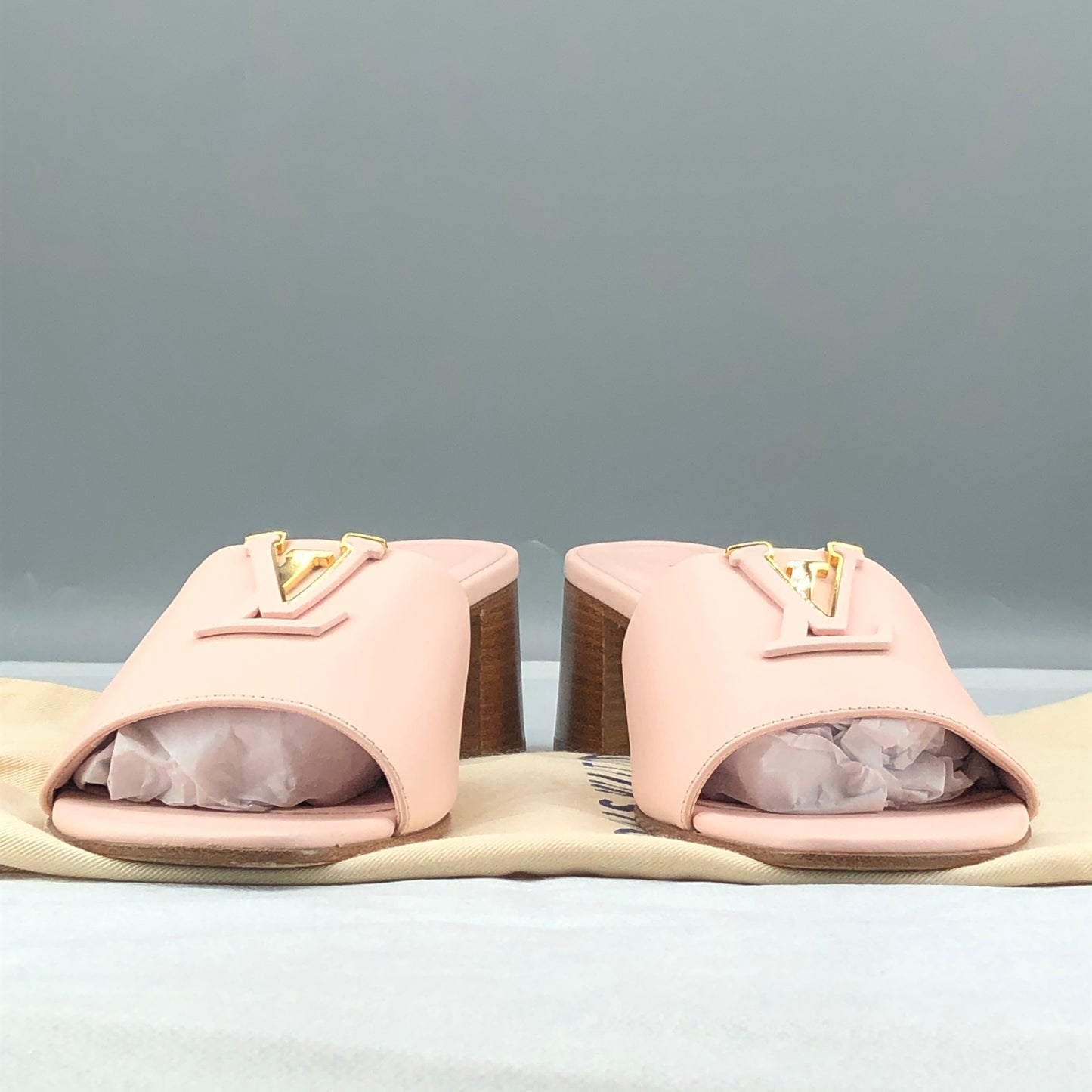 Louis Vuitton Blush Pink Leather V Logo Block Heel Slide Sandals Size 40