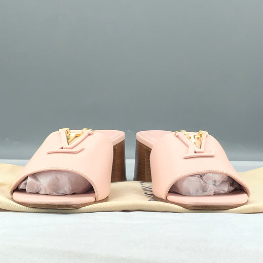 Louis Vuitton Blush Pink Leather V Logo Block Heel Slide Sandals Size 40