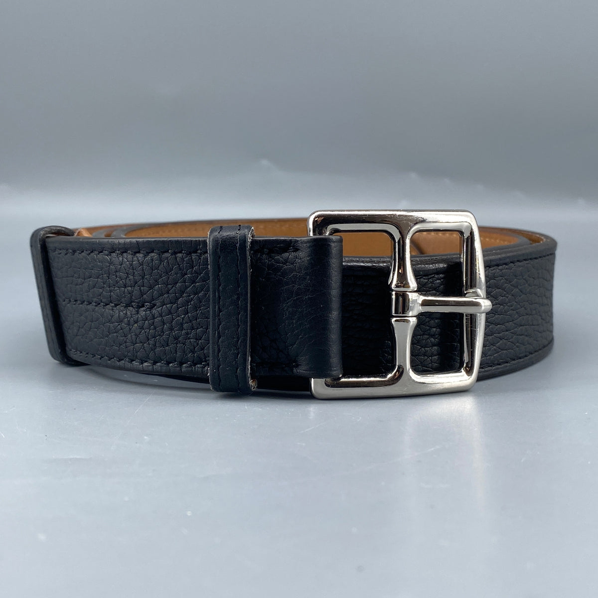 Hermes Black & Tan Leather Etriviere Belt Silver Buckle