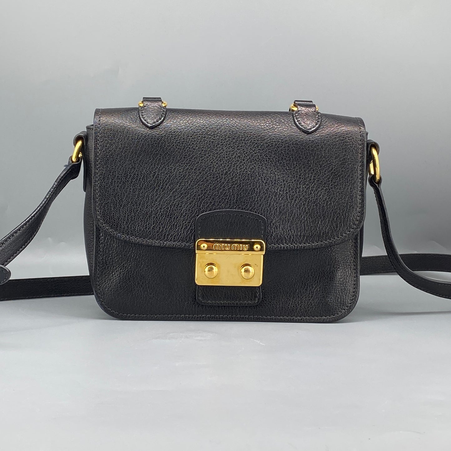 Miu Miu Black Leather Metal Lock Flap Crossbody Bag
