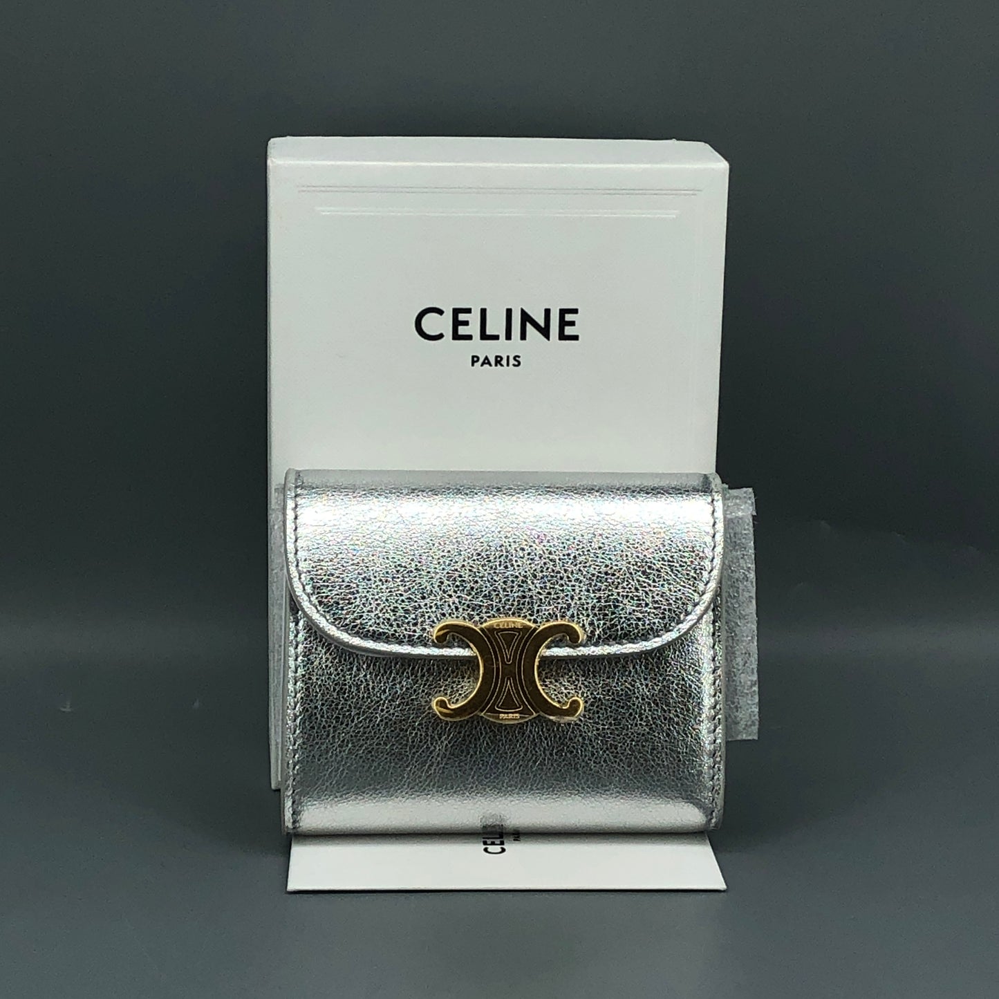 Celine Triomphe Silver Metallic Leather Trifold Wallet