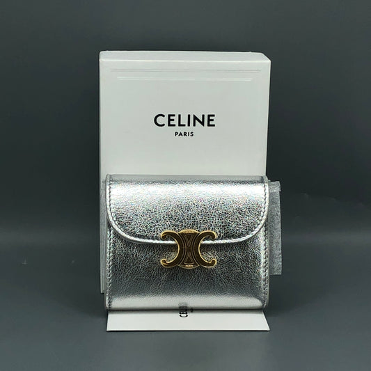 Celine Triomphe Silver Metallic Leather Trifold Wallet