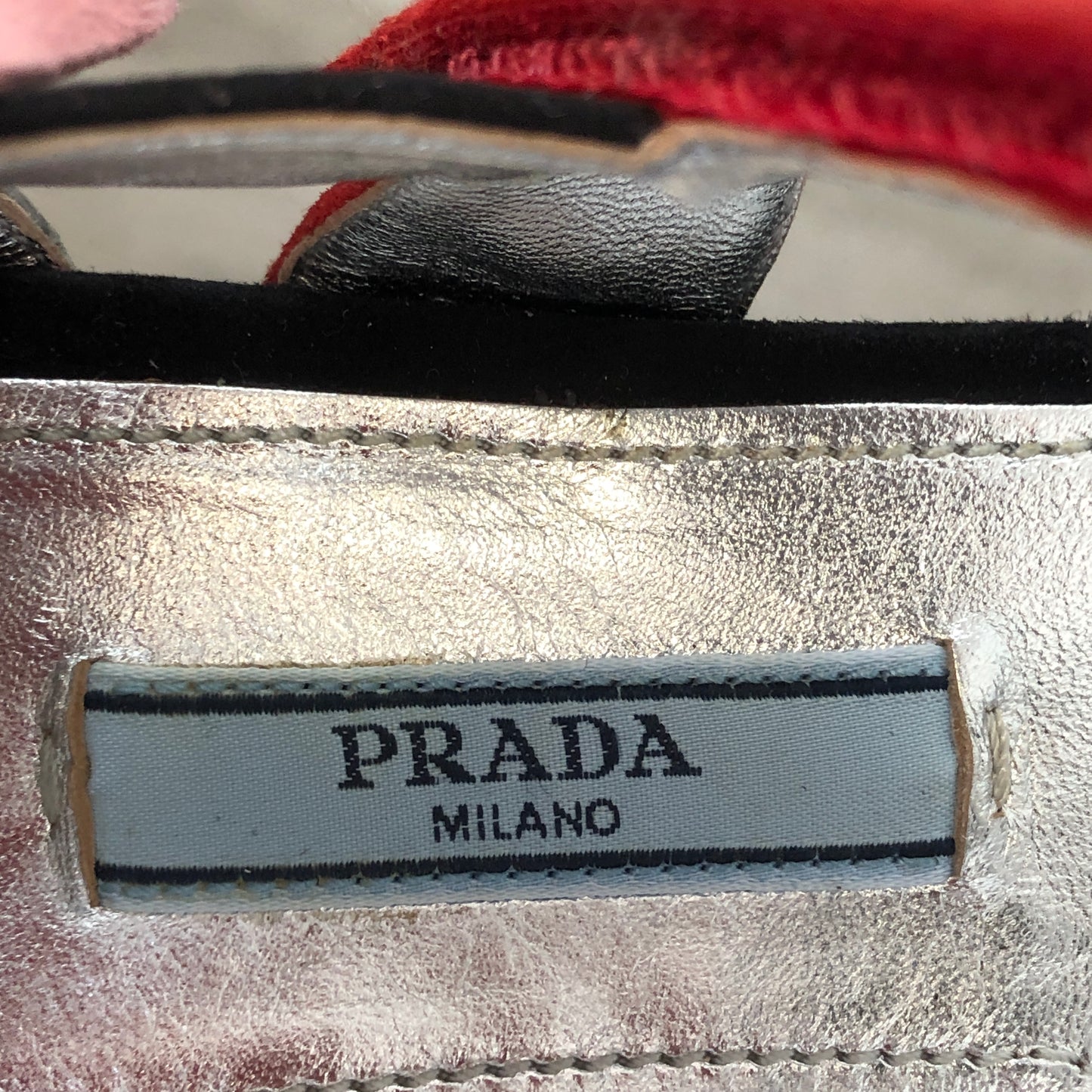 Prada Women's Two-Tone Cutout Patent Leather Ankle Strap Heels 35.5 Black Silver Red Pink