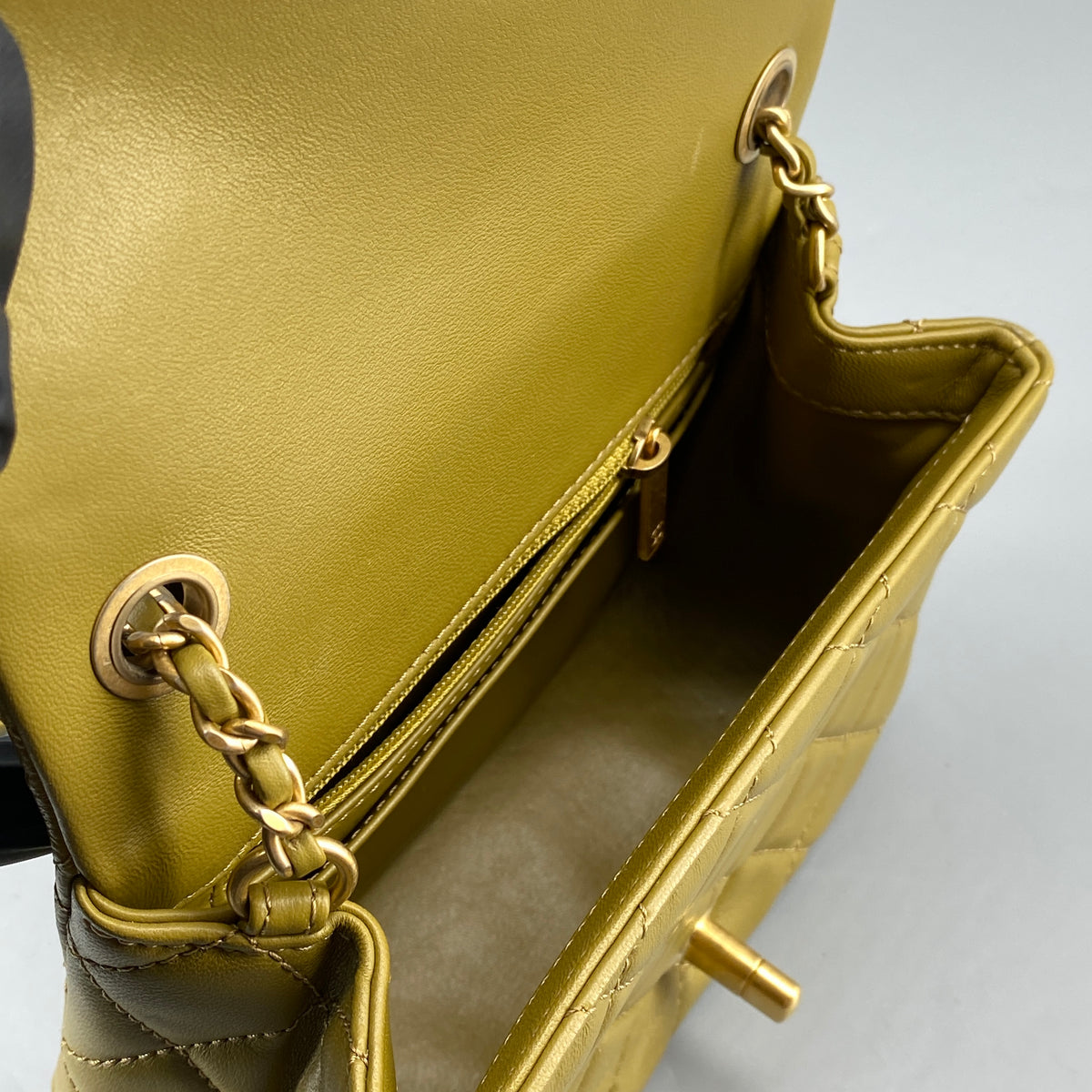 Chanel Olive Green Quilted  Lambskin Ball Charm Flap Bag