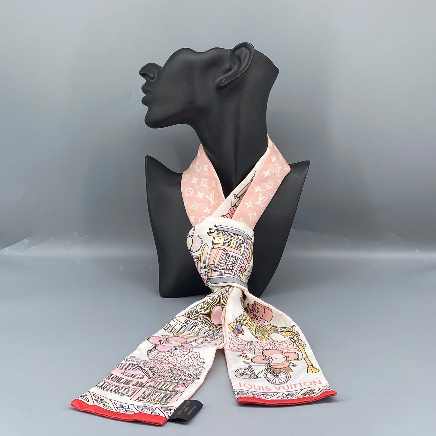 Louis Vuitton Blush Pink White Character Print Silk Bandeau Twilly Scarf