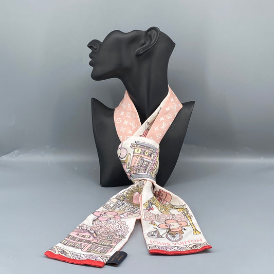 Louis Vuitton Blush Pink White Character Print Silk Bandeau Twilly Scarf