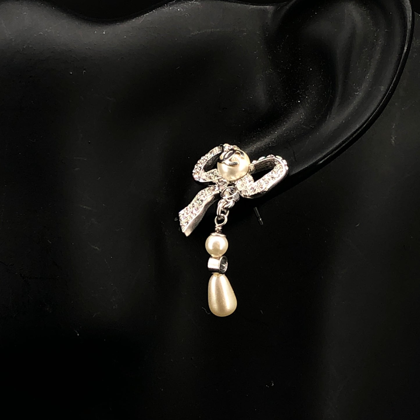 Chanel 2021 Silver-Tone Crystal & Pearl Bow Drop Earrings