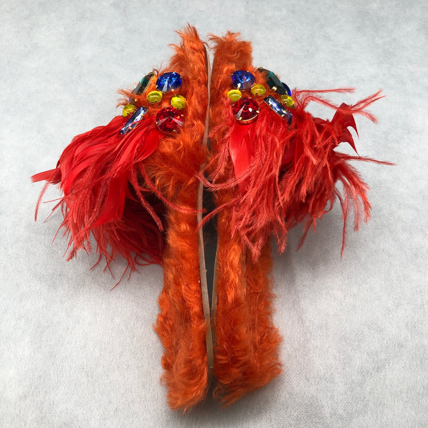 Miu Miu Orange Fur Feather Crystal Slide Sandals Size 37.5