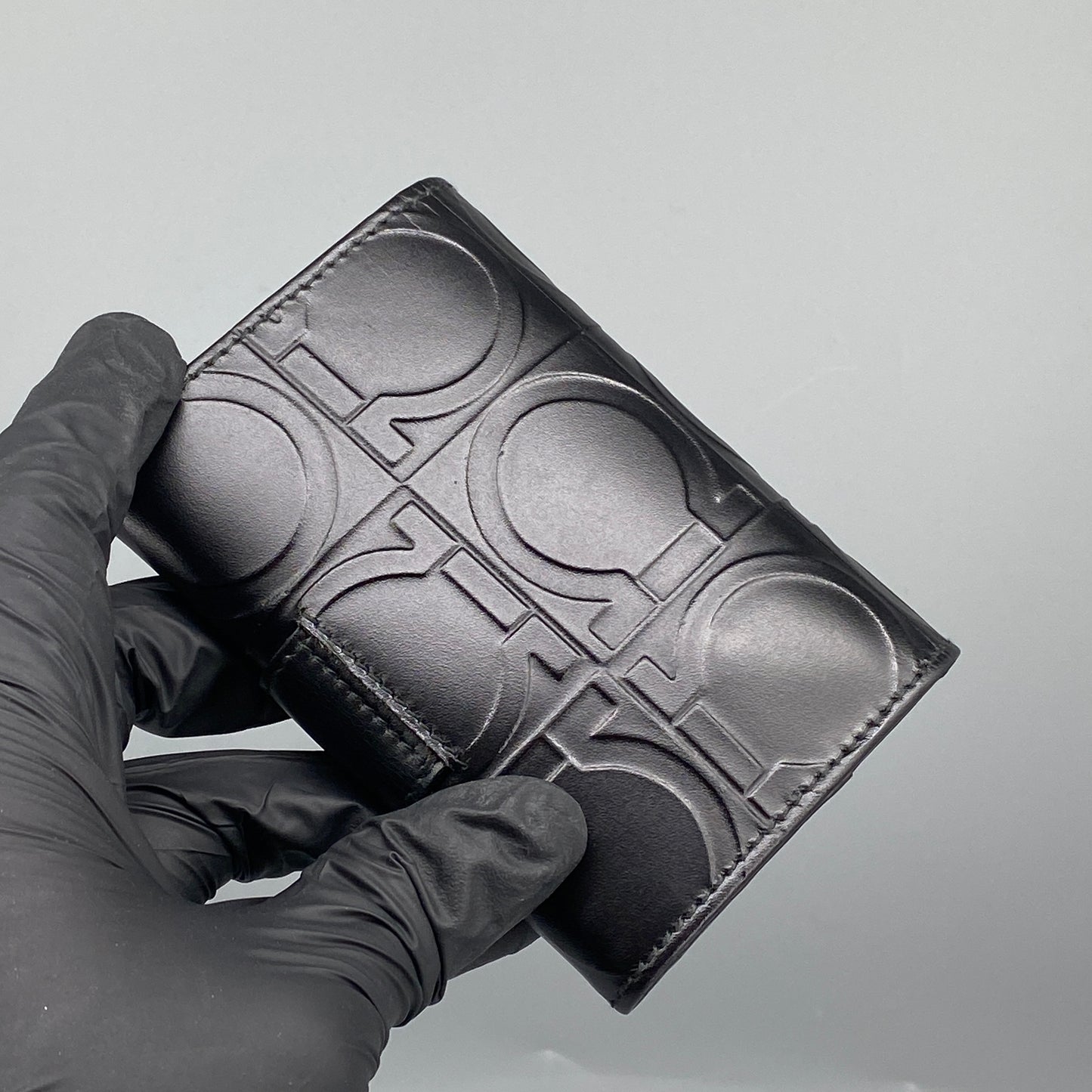 Ferragamo Black Embossed Gancini Short Wallet with Keyring