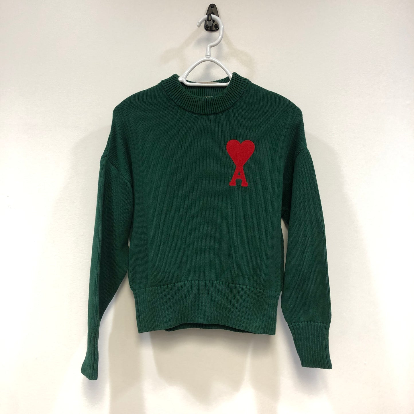 Ami Paris Dark Green Red Heart Logo Knit Sweater Size S