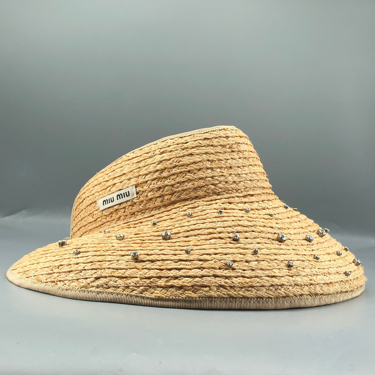 Miu Miu Crystal Embellished Raffia Visor Sun Hat Size M