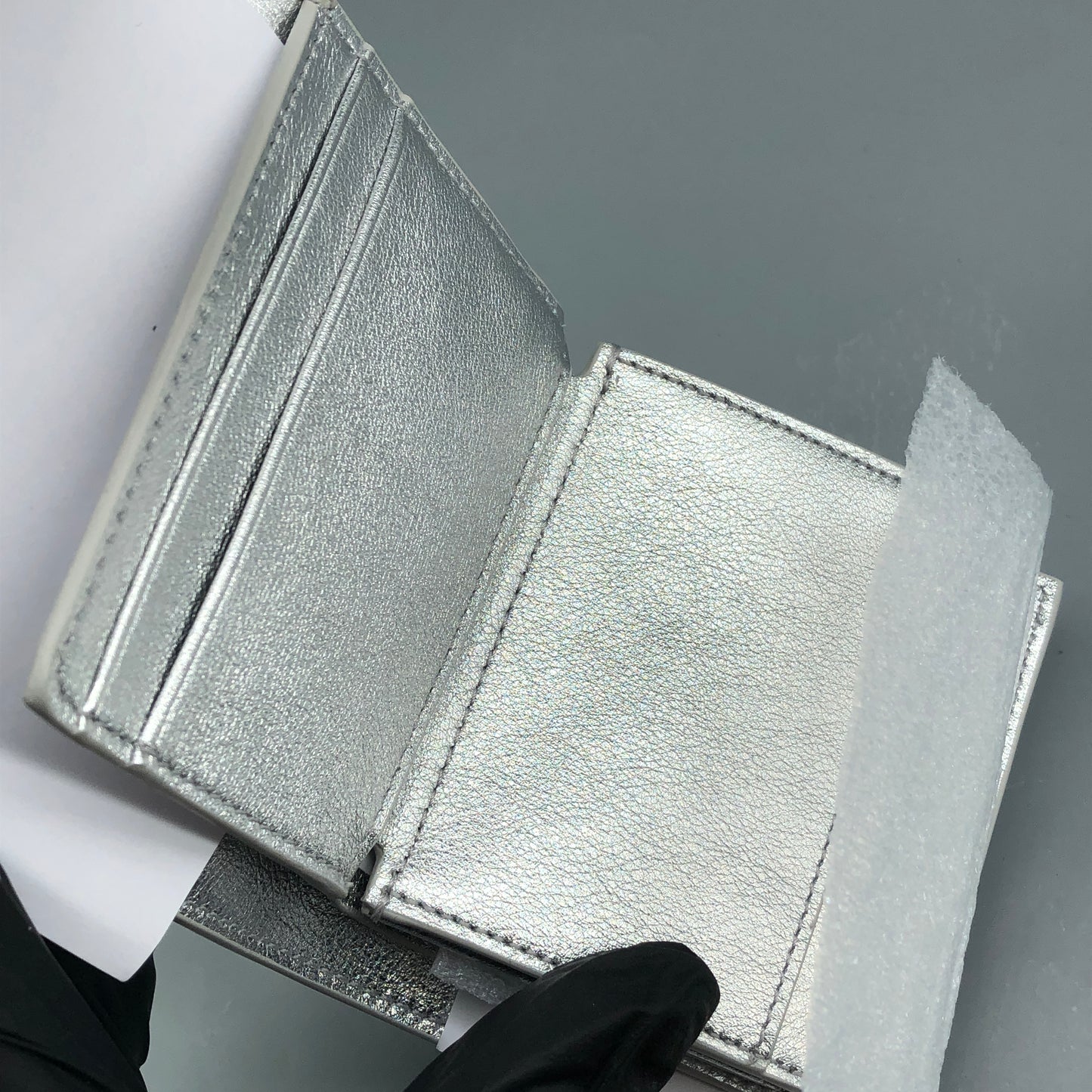 Celine Triomphe Silver Metallic Leather Trifold Wallet