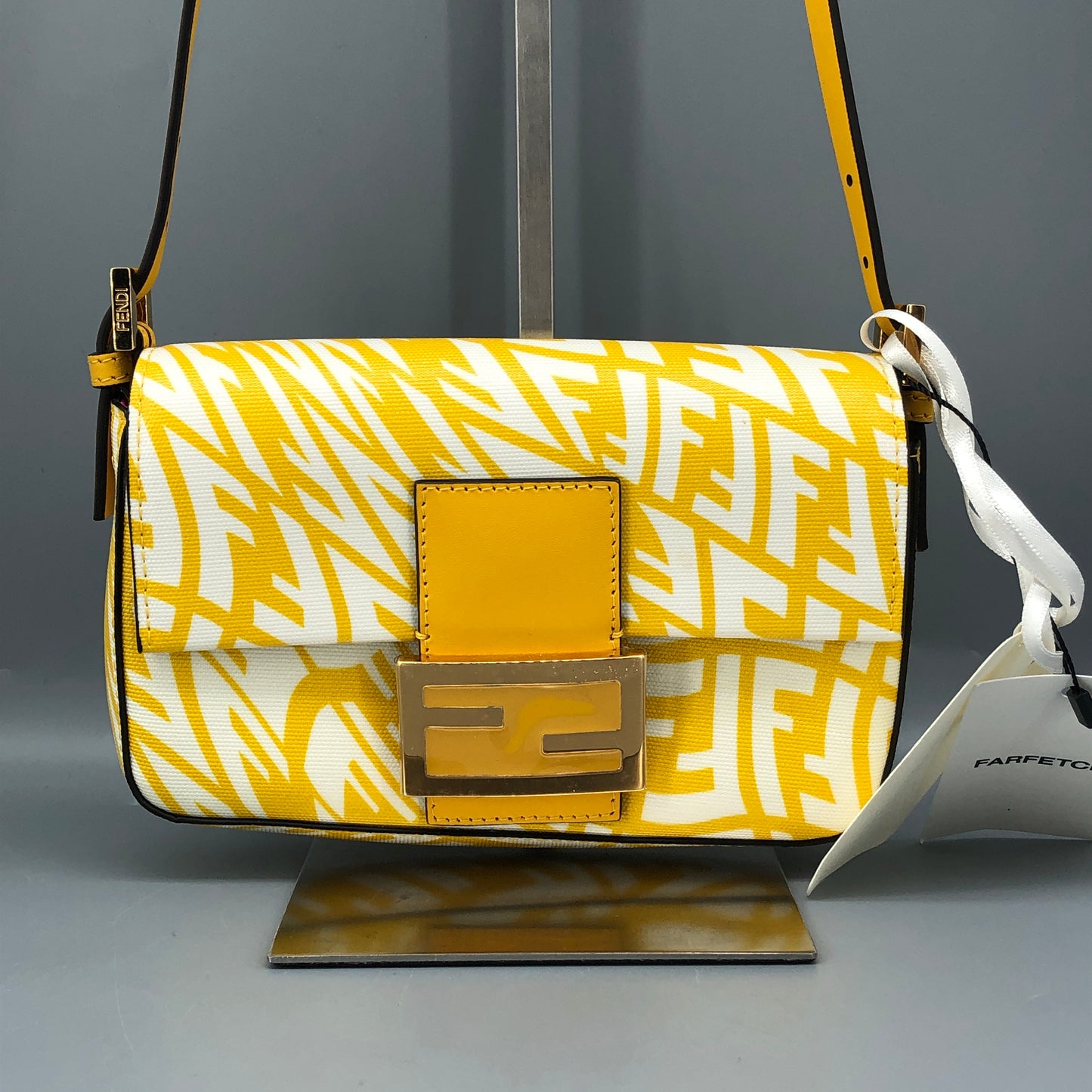Fendi FF Vertigo Print Leather Baguette Shoulder Bag Yellow