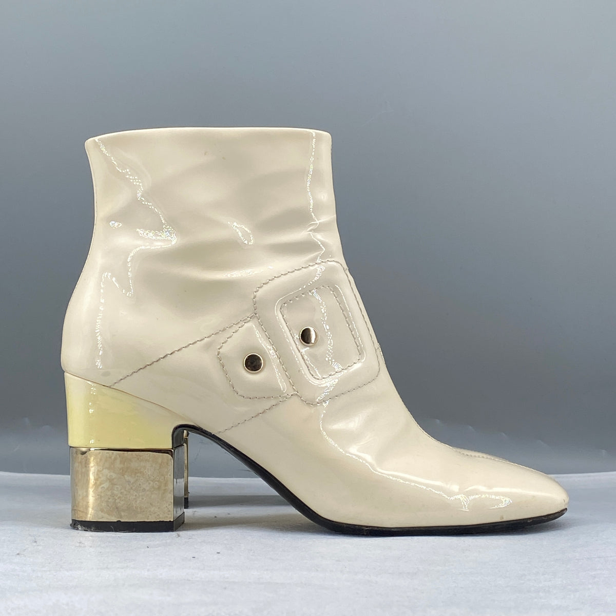 Roger Vivier Cream Patent Leather Block Heel Ankle Boots Size 37.5