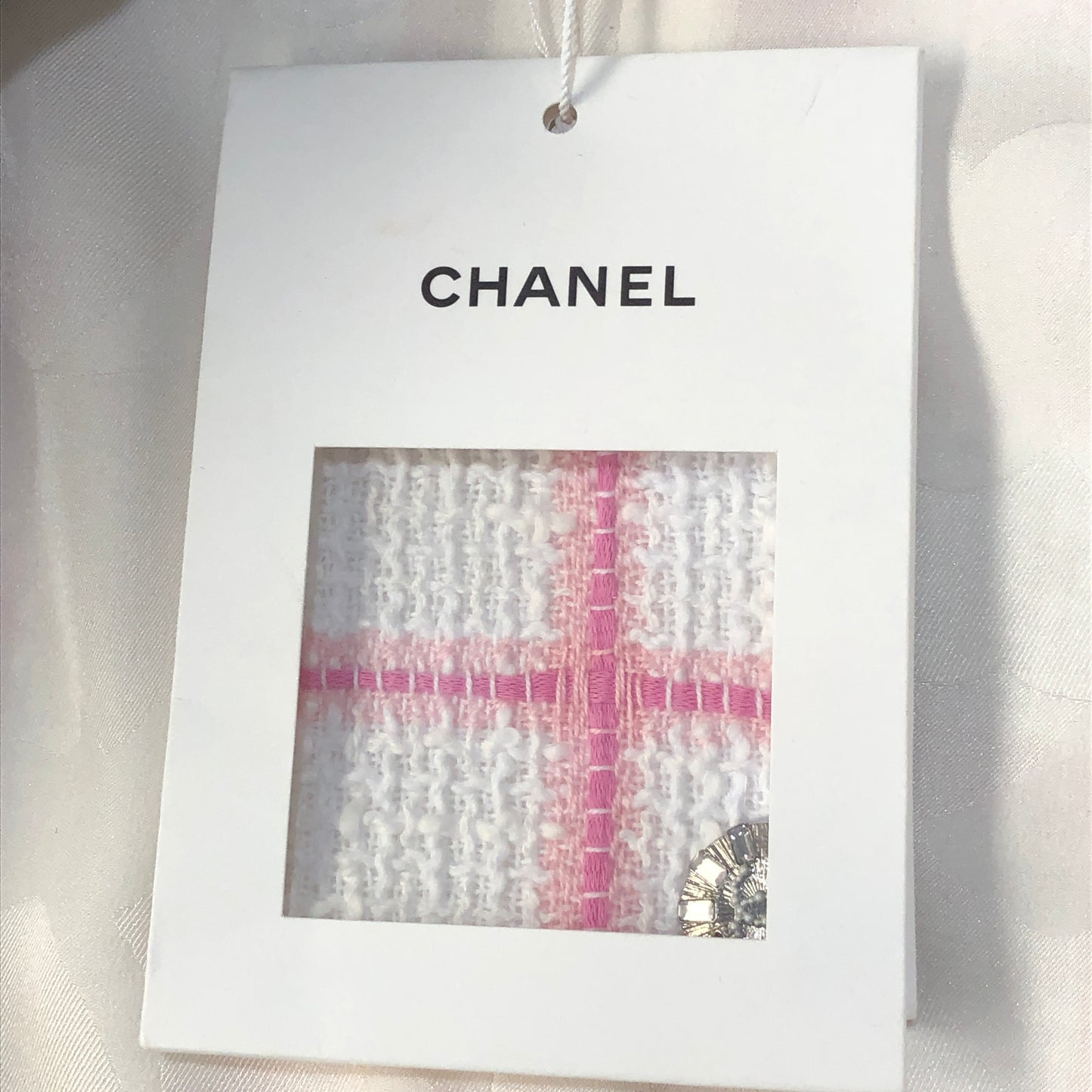 Chanel White & Pink Plaid Tweed Jacket Fringe Trim Size 36