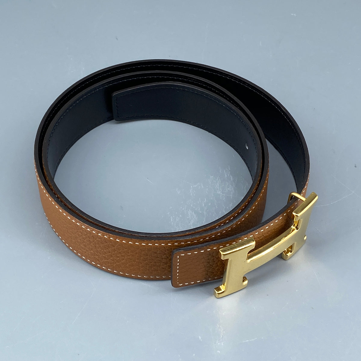 Hermes H Buckle Leather Belt 85cm tan