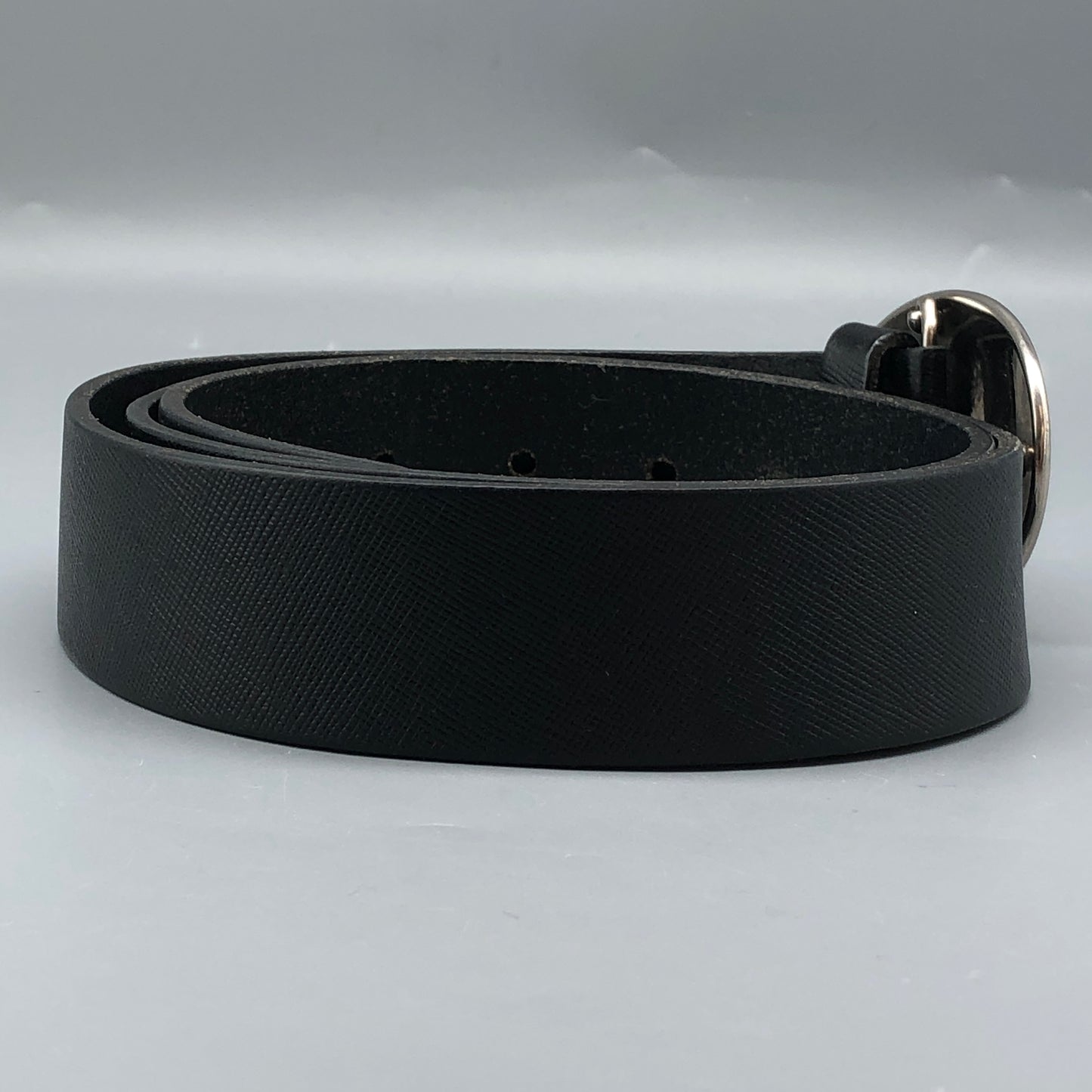 Prada Black Leather Oval Logo Buckle Belt 90cm