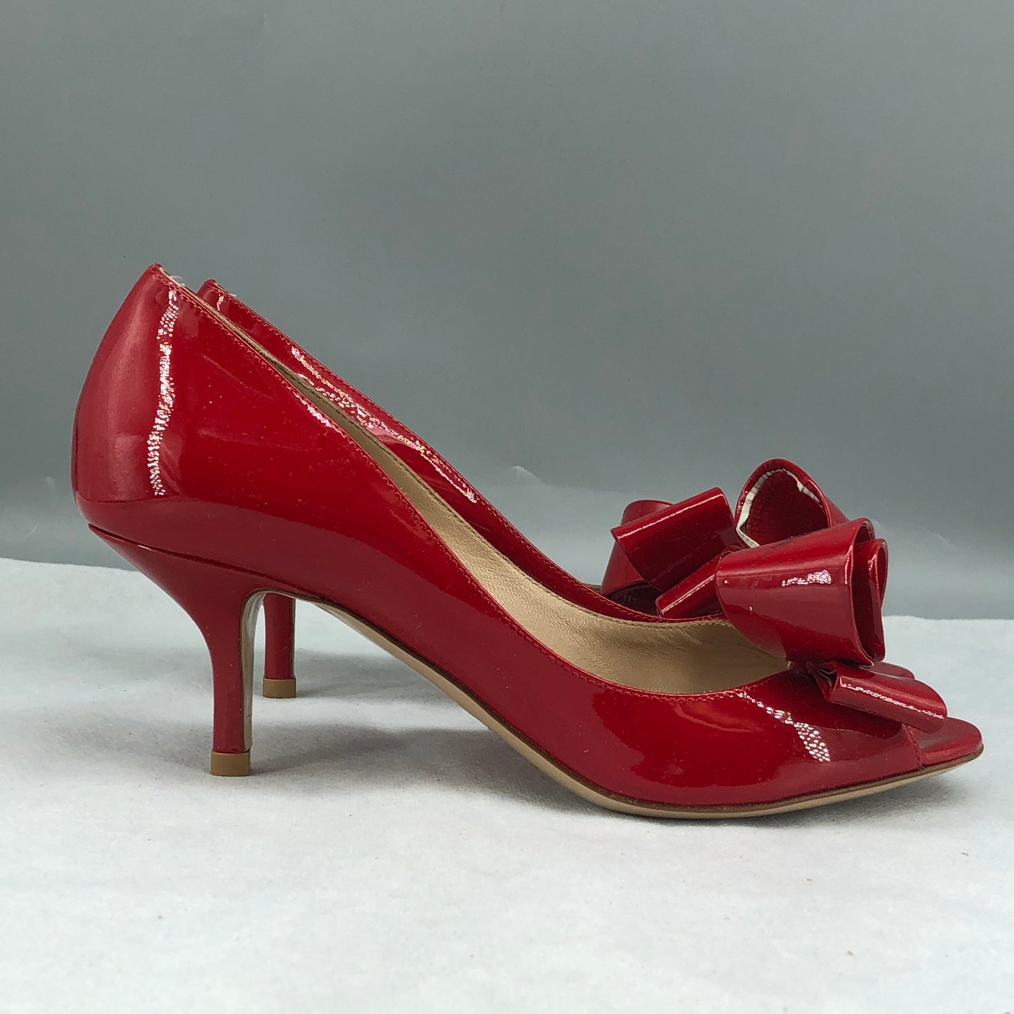 Valentino Red Patent Leather Bow Peep Toe Stiletto Pumps 35
