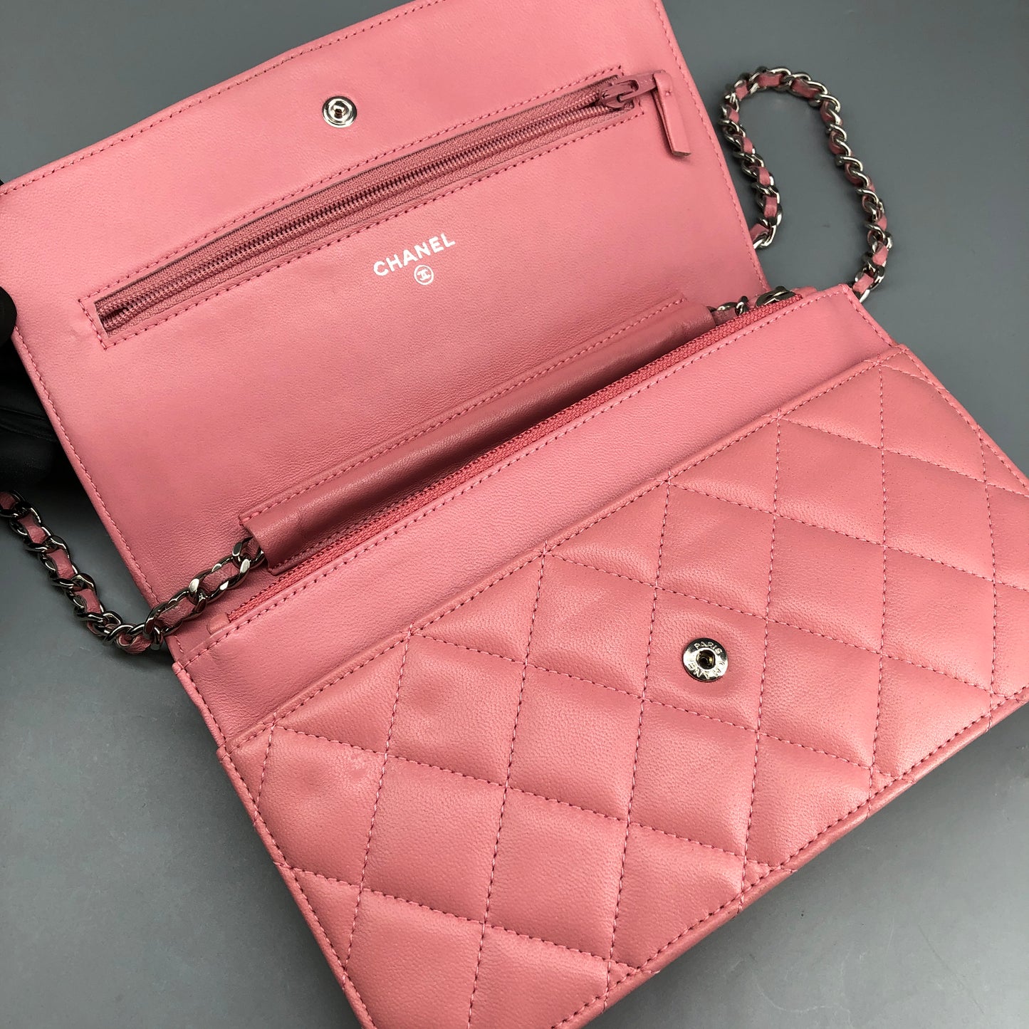 Chanel Light Pink Quilted Leather Wallet on Chain