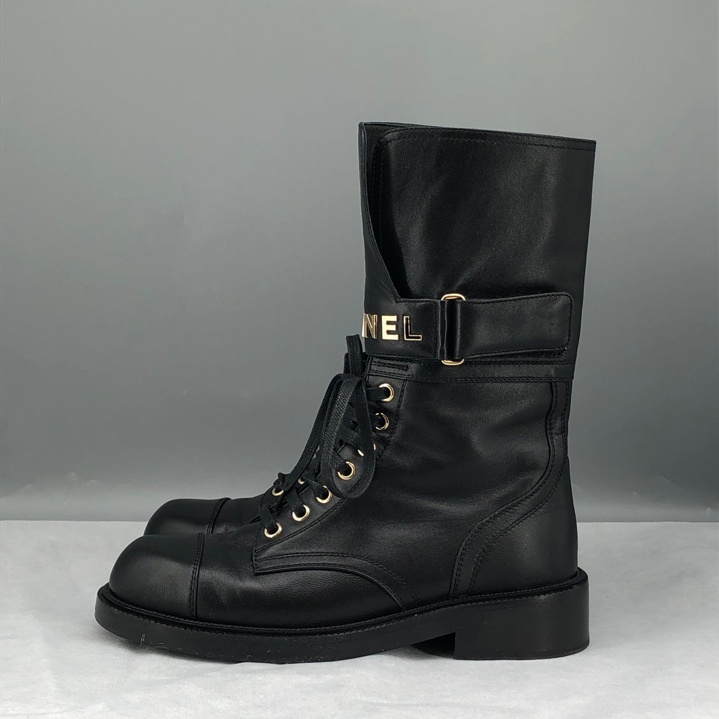 Chanel Women's Leather Lace-Up Mid Calf Boots Size 37 Black